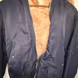 Navy Blue Jacket with Pink Faux Fur Lining XS